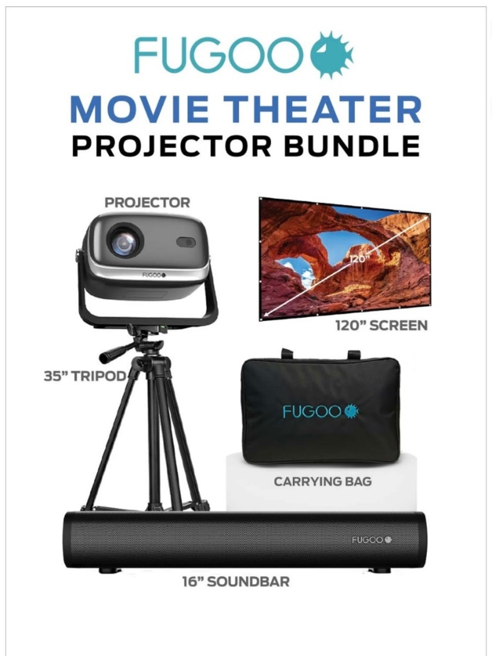 Fugue Outdoor/Indoor Projector & Soundbar Bundle with Tripod & Foldable Screen